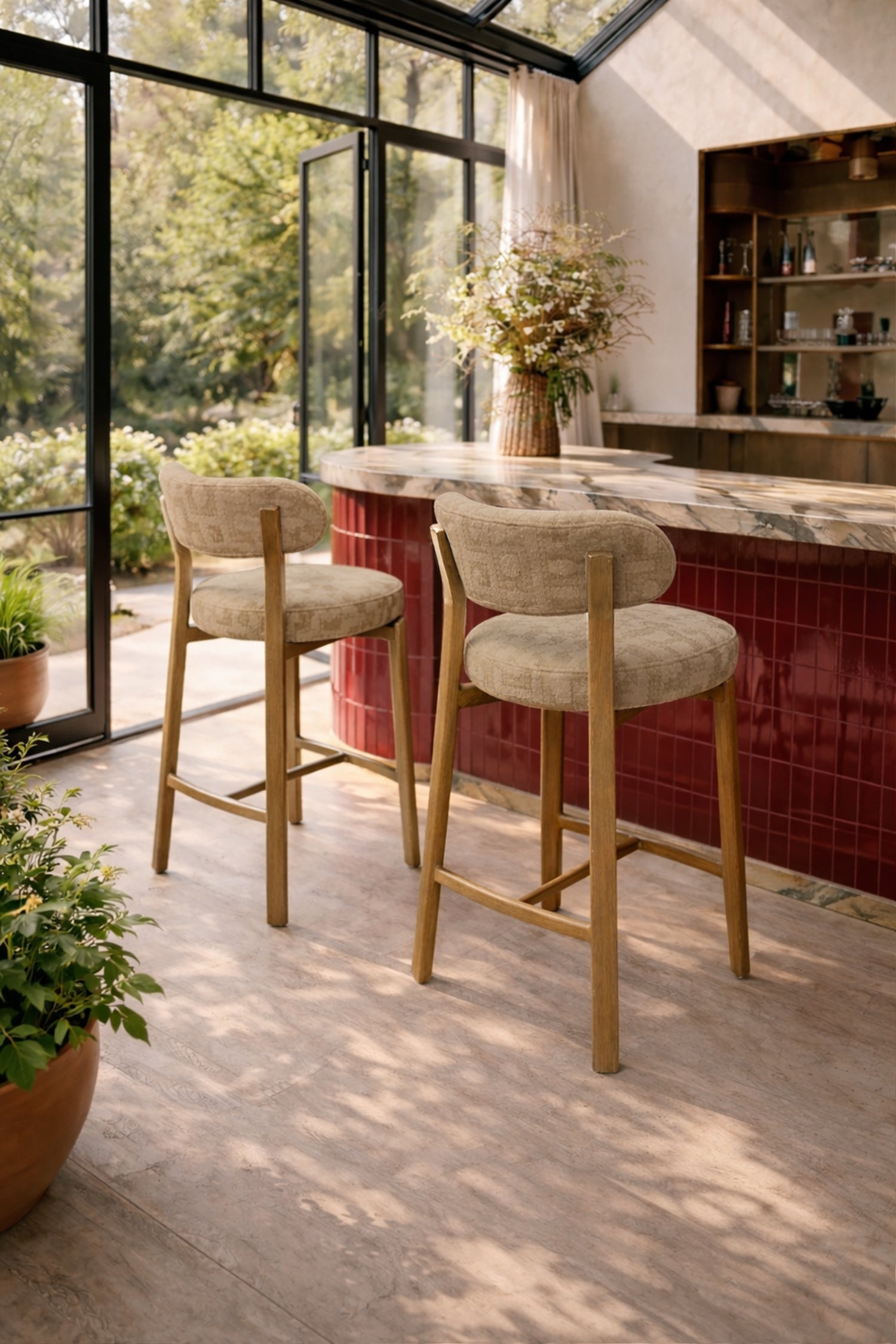 Suzie - Lot 2 Chaises/ Bar - Effet Bois/Tissu/Metal - Beige