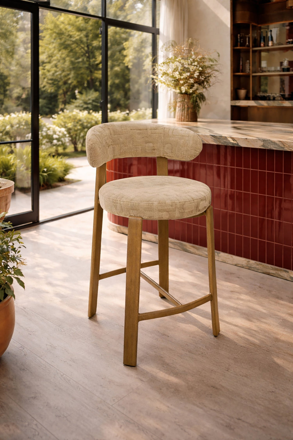 Suzie - Lot 2 Chaises/ Bar - Effet Bois/Tissu/Metal - Beige