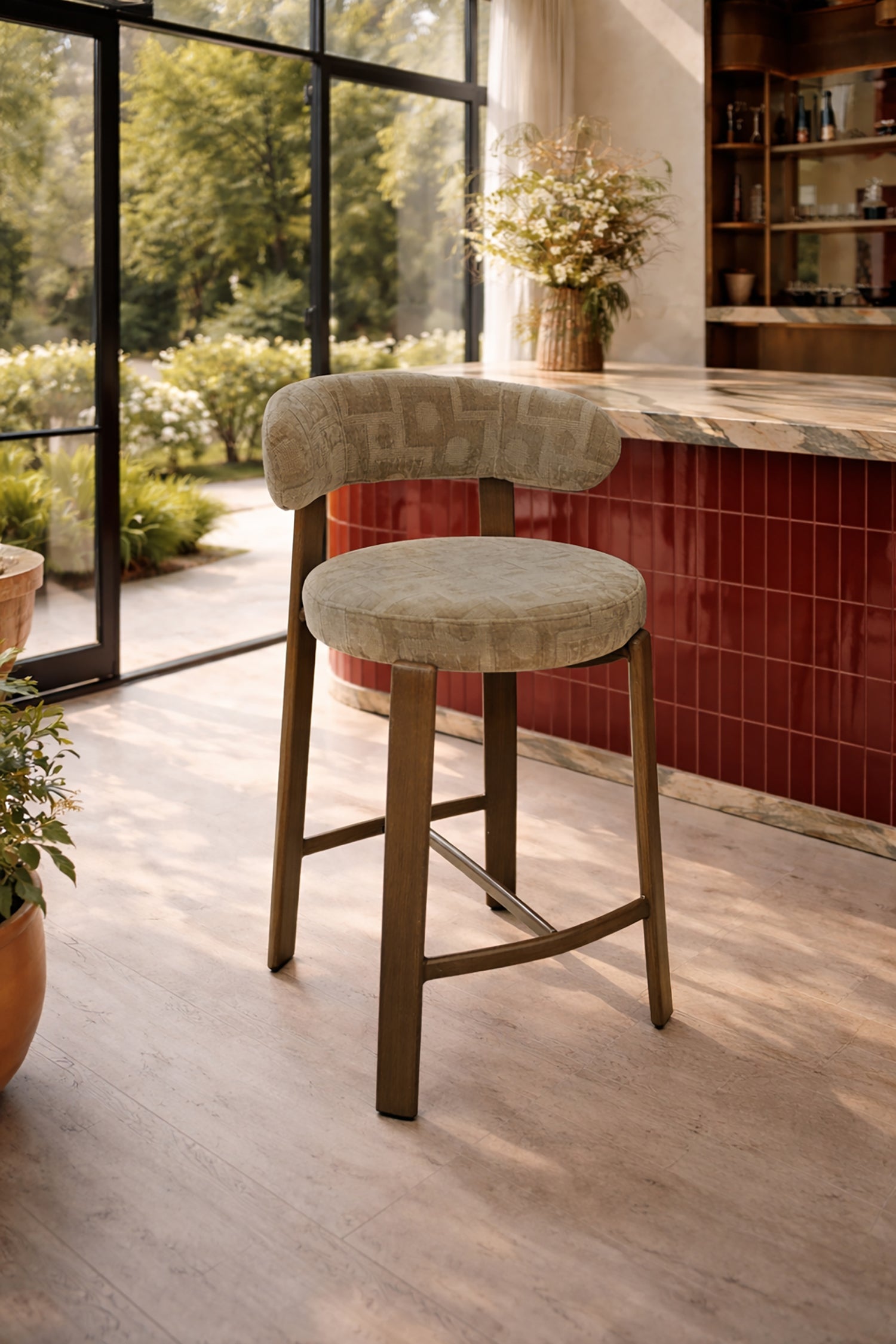 Suzie - Lot 2 Chaises/Bar - Effet Bois/Tissu/Métal - Taupe