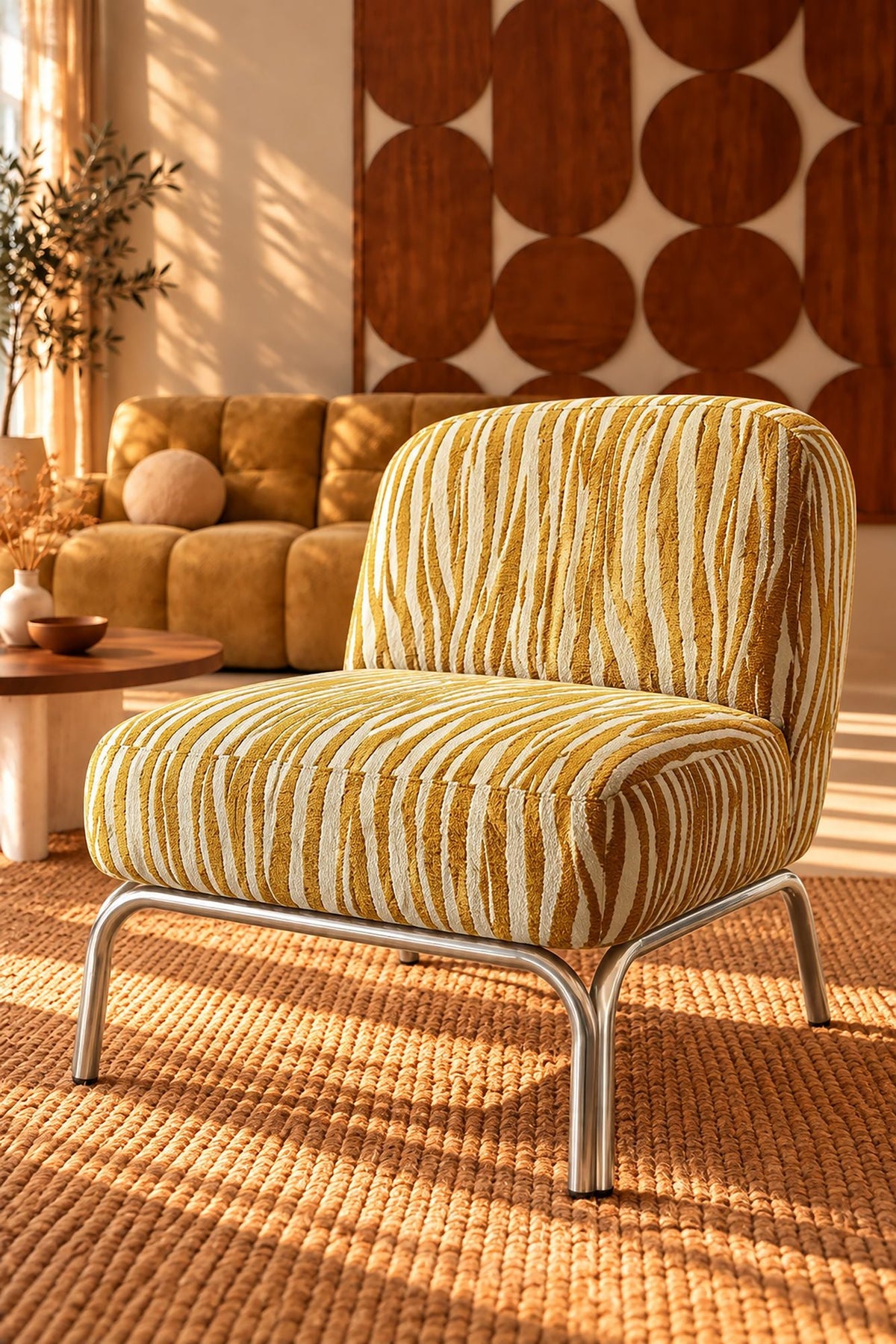 Savara - Fauteuil - Tissu Chenille Zébré - Ocre