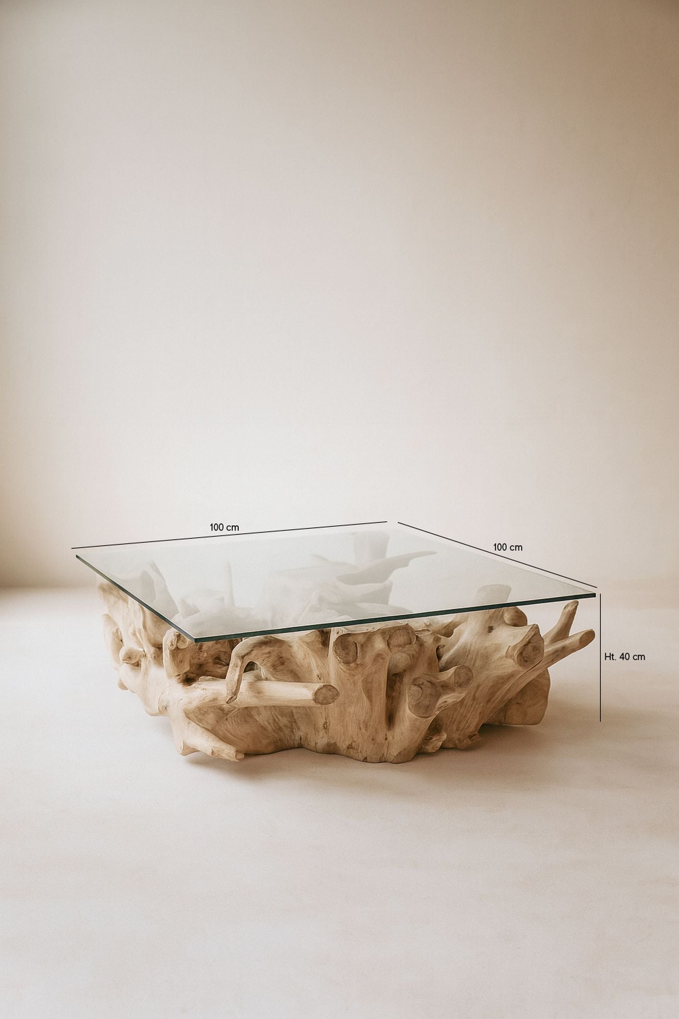 Mesa de centro Sarannah - Raíz de teca y tapa de cristal