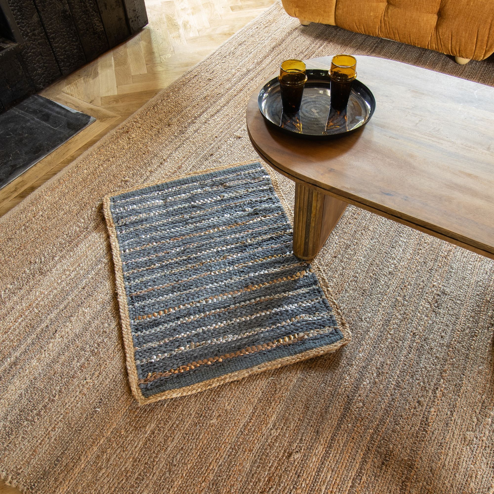 Asma - Tapis - Cuir Recycle/Coton/Jute - Bleu/Argenté