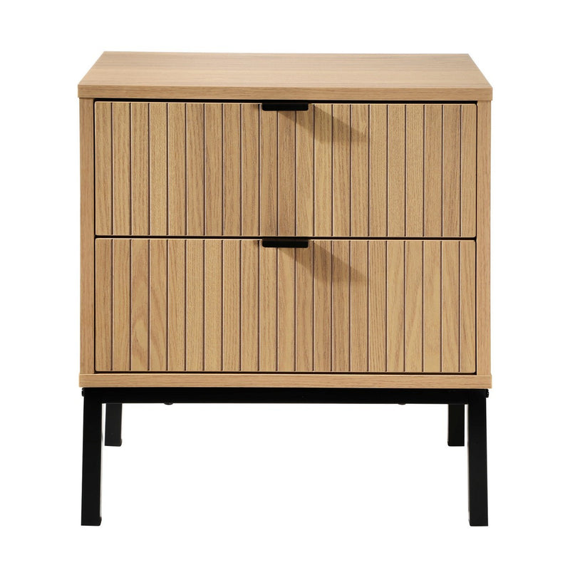 Tara - Grooved Wood Effect 2-Drawer Bedside Table - Light Wood