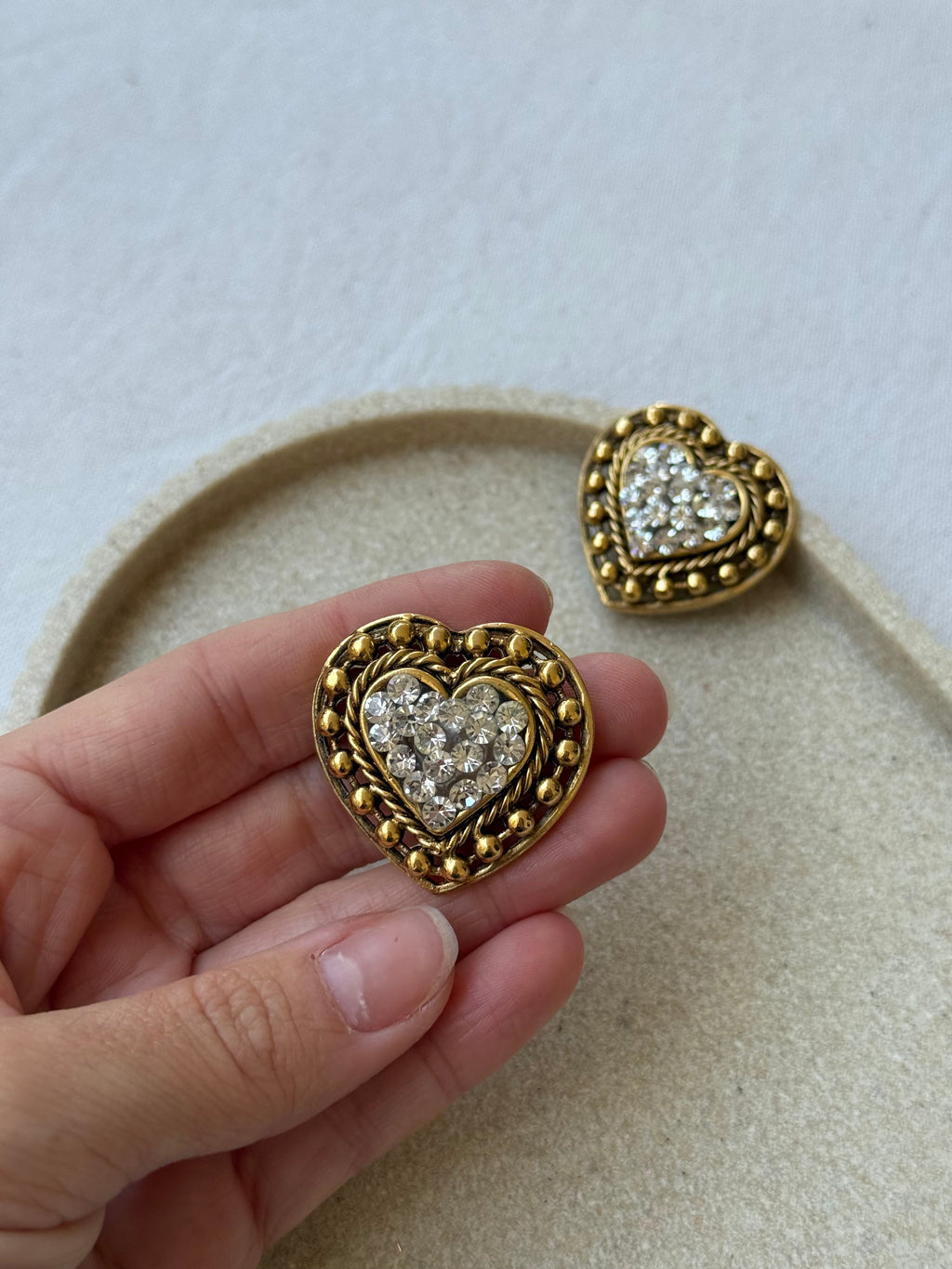 Vintage Earrings - Gold-Tone Hearts Adorned With Rhinestones