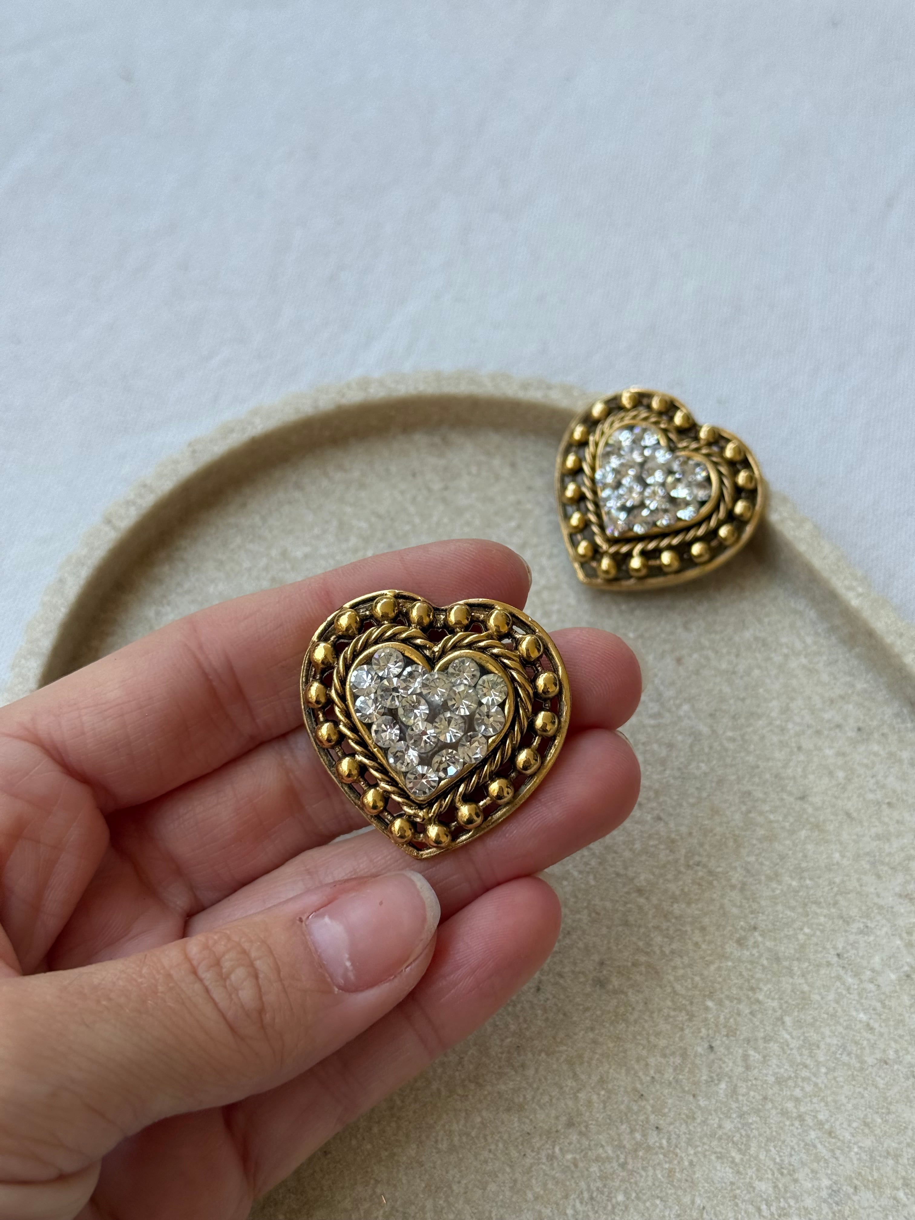 Vintage Earrings - Gold-Tone Hearts Adorned With Rhinestones
