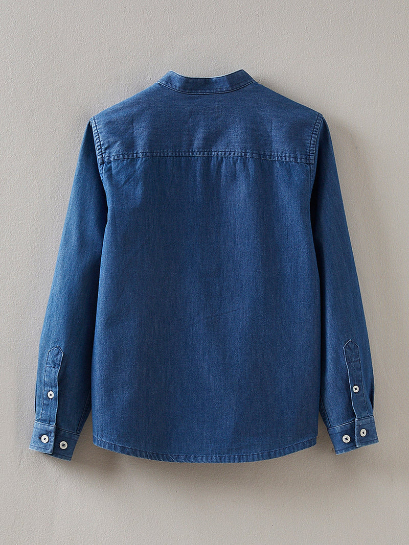 Plastron Denim Shirt - Plain Dark Blue - Boy