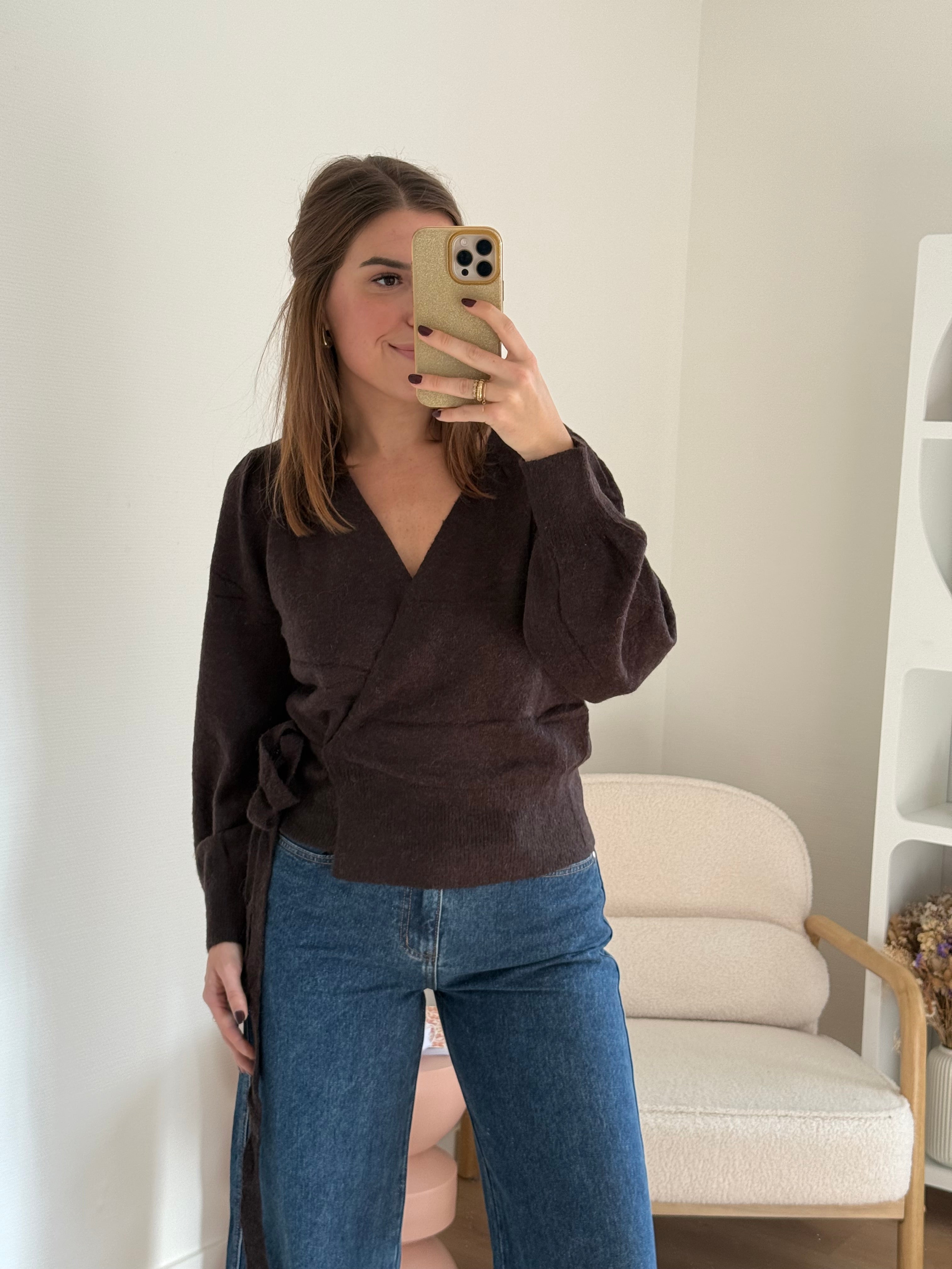 Pia Chocolate Wool And Mohair Bow Cardigan