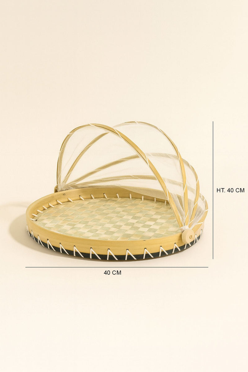Round Tray with Zina Bell - Green Pearly Capiz Shells and Natural Bamboo