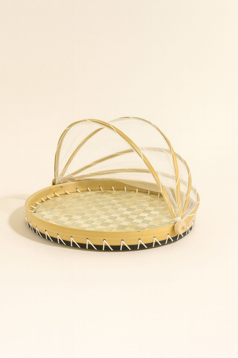 Round Tray with Zina Bell - Green Pearly Capiz Shells and Natural Bamboo
