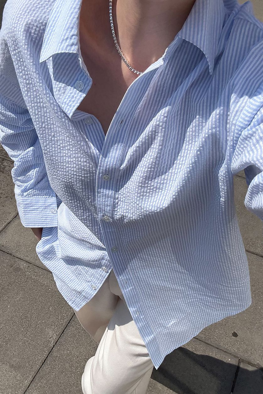 Seersucker Long Sleeve Shirt - Blue Striped