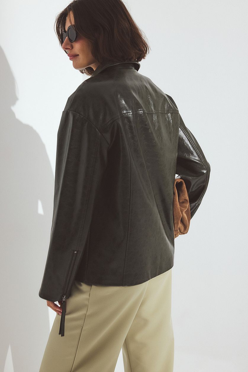 Giacca in PU con dettagli zip - Verde scuro