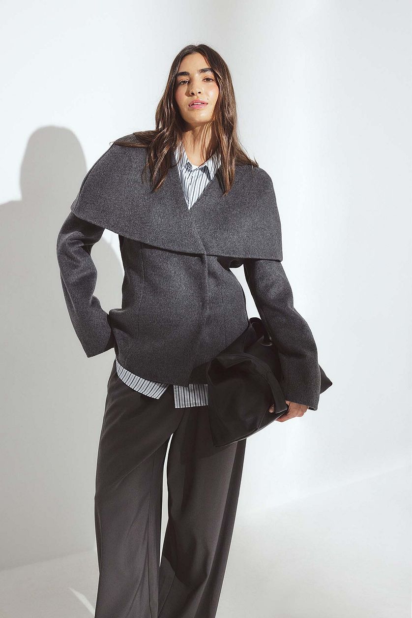 Manteau Wool Blend Wide Collar Detail Short - Gris
