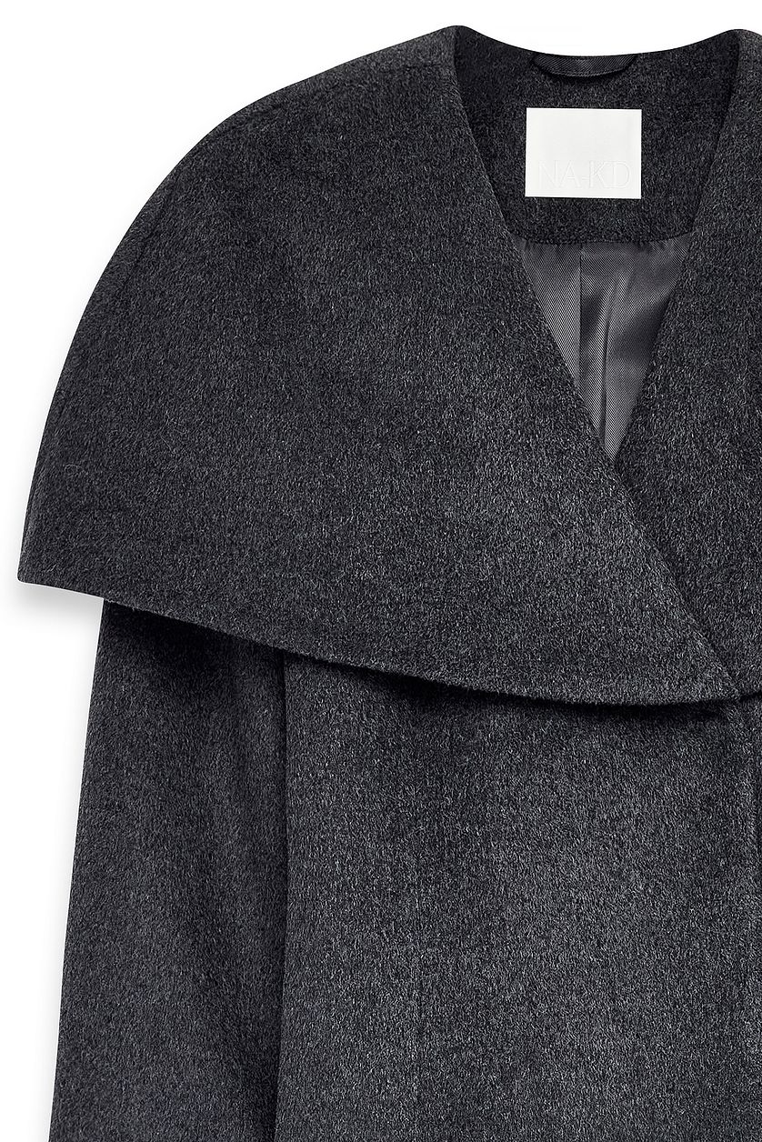 Manteau Wool Blend Wide Collar Detail Short - Gris