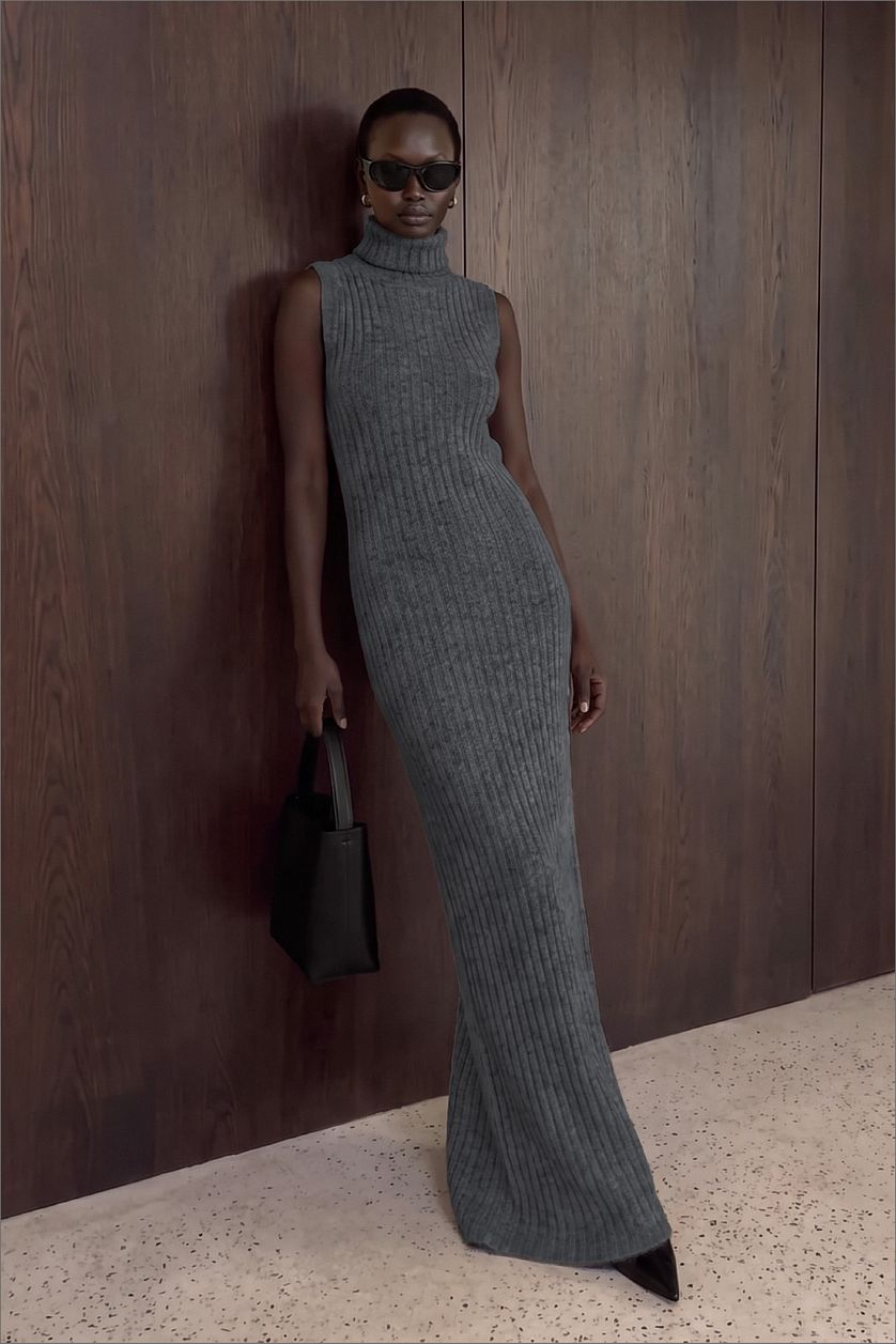 Robe Knitted Wool Blend Turtleneck Maxi - Gris Foncé