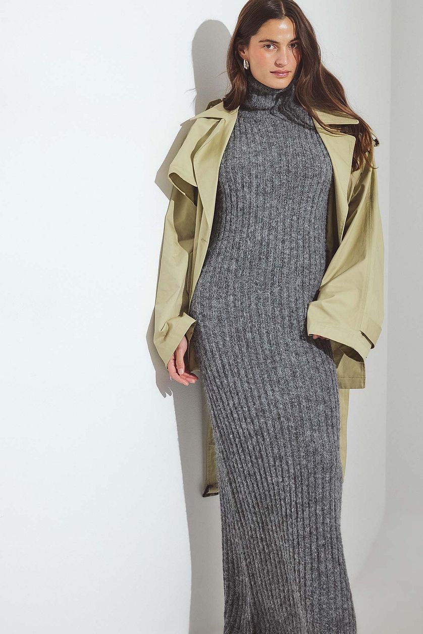 Robe Knitted Wool Blend Turtleneck Maxi - Gris Foncé