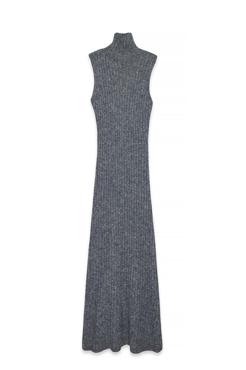 Robe Knitted Wool Blend Turtleneck Maxi - Gris Foncé