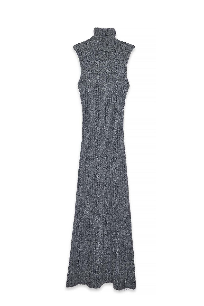 Robe Knitted Wool Blend Turtleneck Maxi - Gris Foncé