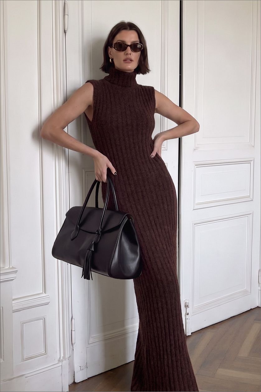 Robe Knitted Wool Blend Turtleneck Maxi - Marron Chaud
