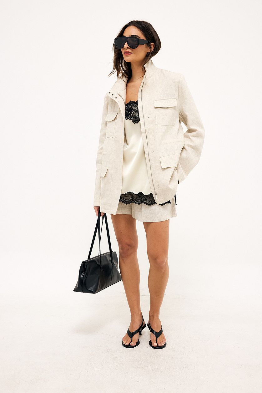 Veste Pocket Detail Drawstring - Beige Chiné