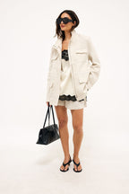 Veste Pocket Detail Drawstring - Beige Chiné