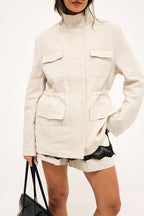Veste Pocket Detail Drawstring - Beige Chiné