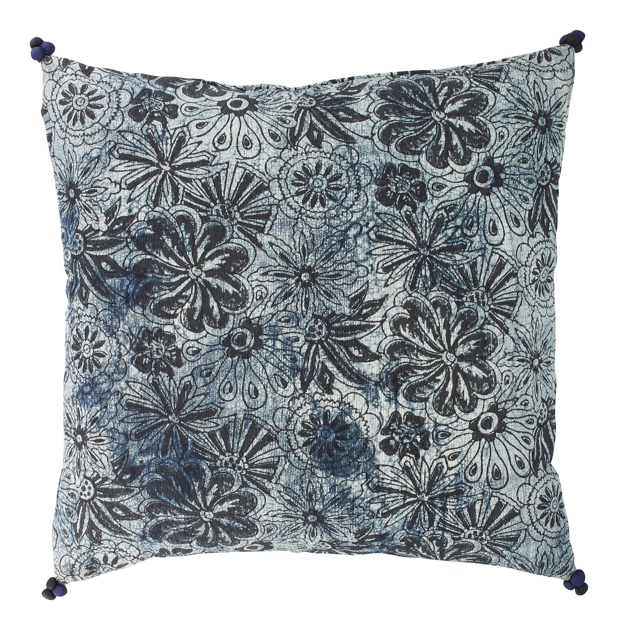 Cojín Melting De Algodón Estampado - Azul Y Negro Con Pompones