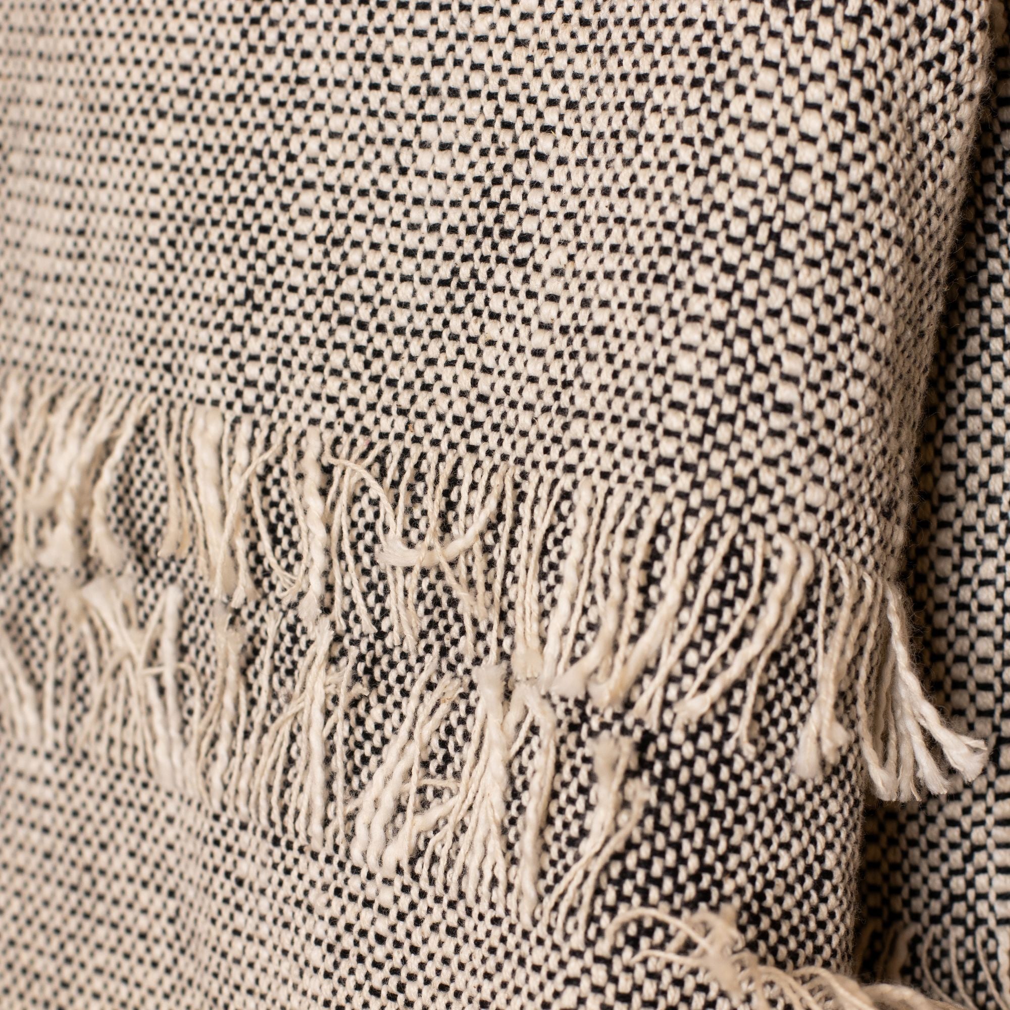 Cotton Sherpa Plaid - Beige and Black Speckled With Fringes