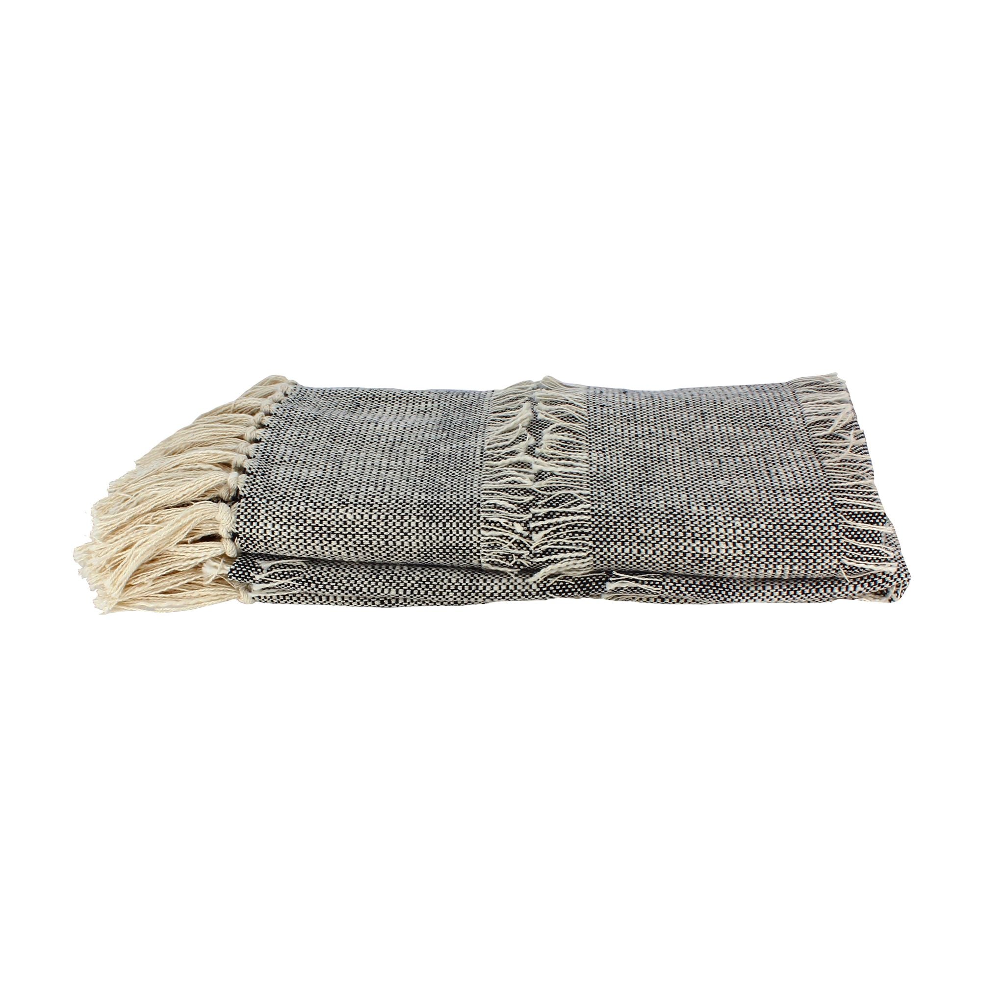 Cotton Sherpa Plaid - Beige and Black Speckled With Fringes