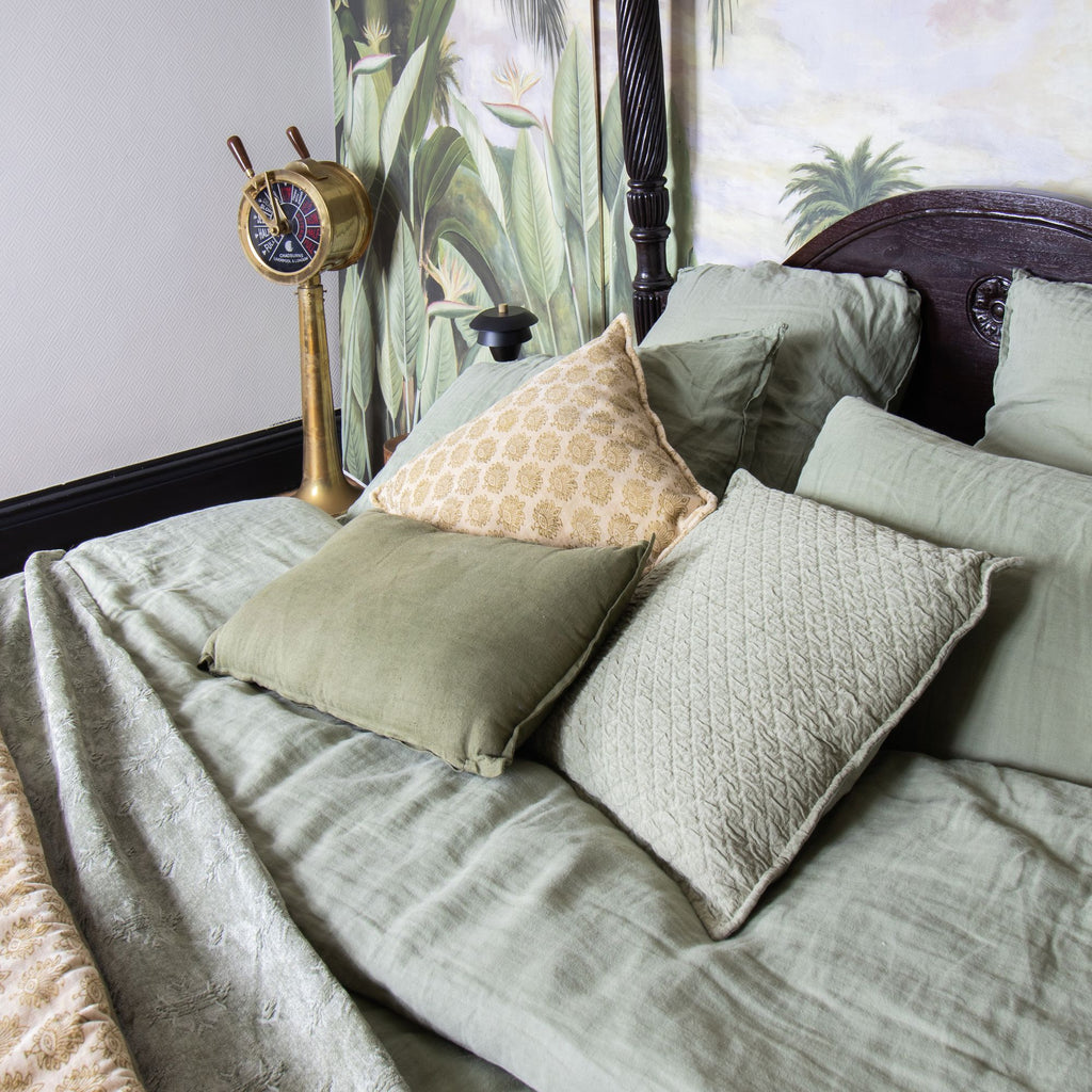Gali Cushion - Green Cotton With Embossed Patterns