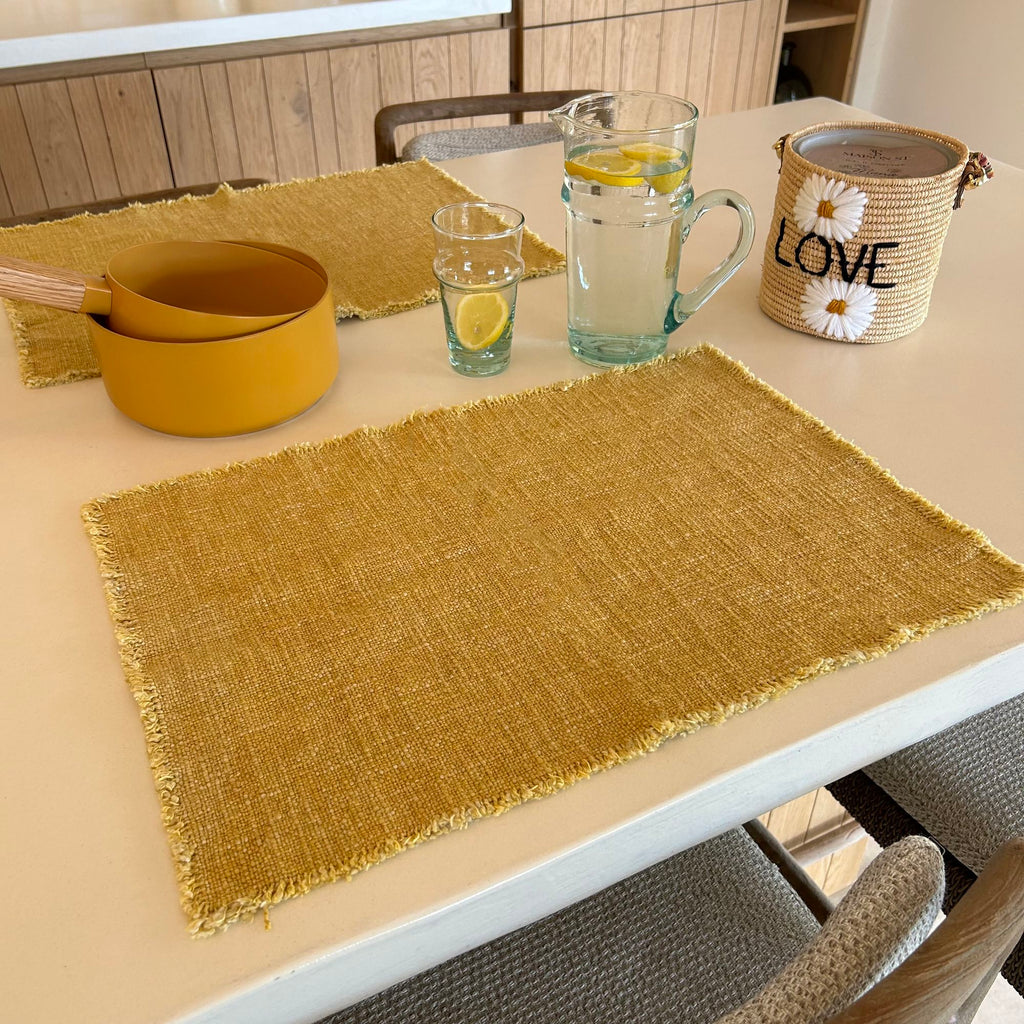 Set of 4 Anoki Fringed Placemats in Mimosa Yellow Plain Fabric