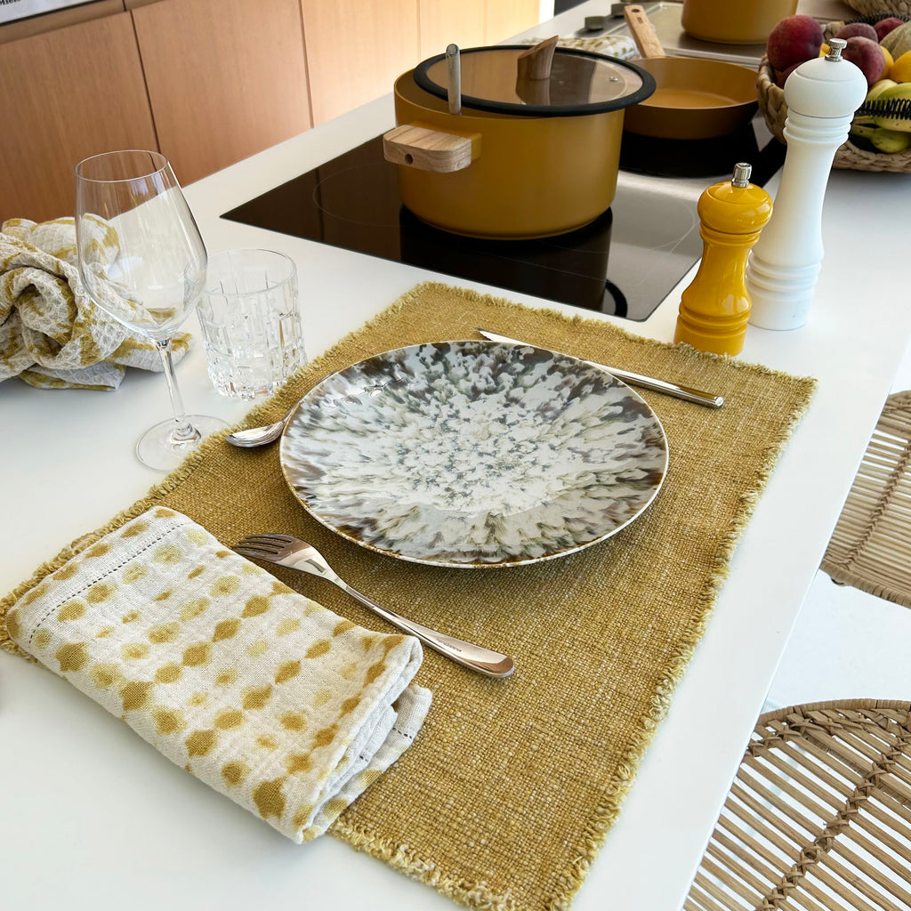 Set of 4 Anoki Fringed Placemats in Mimosa Yellow Plain Fabric