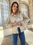 Veste trench liberty en coton beige Hortense à volants