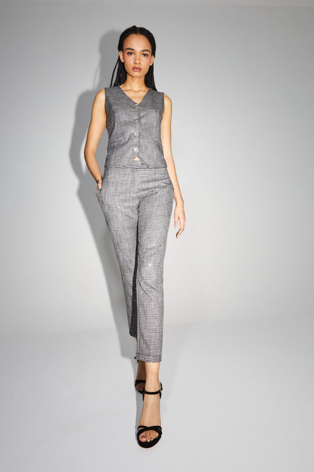 The Silvana Tartan Gray Sequin Trousers