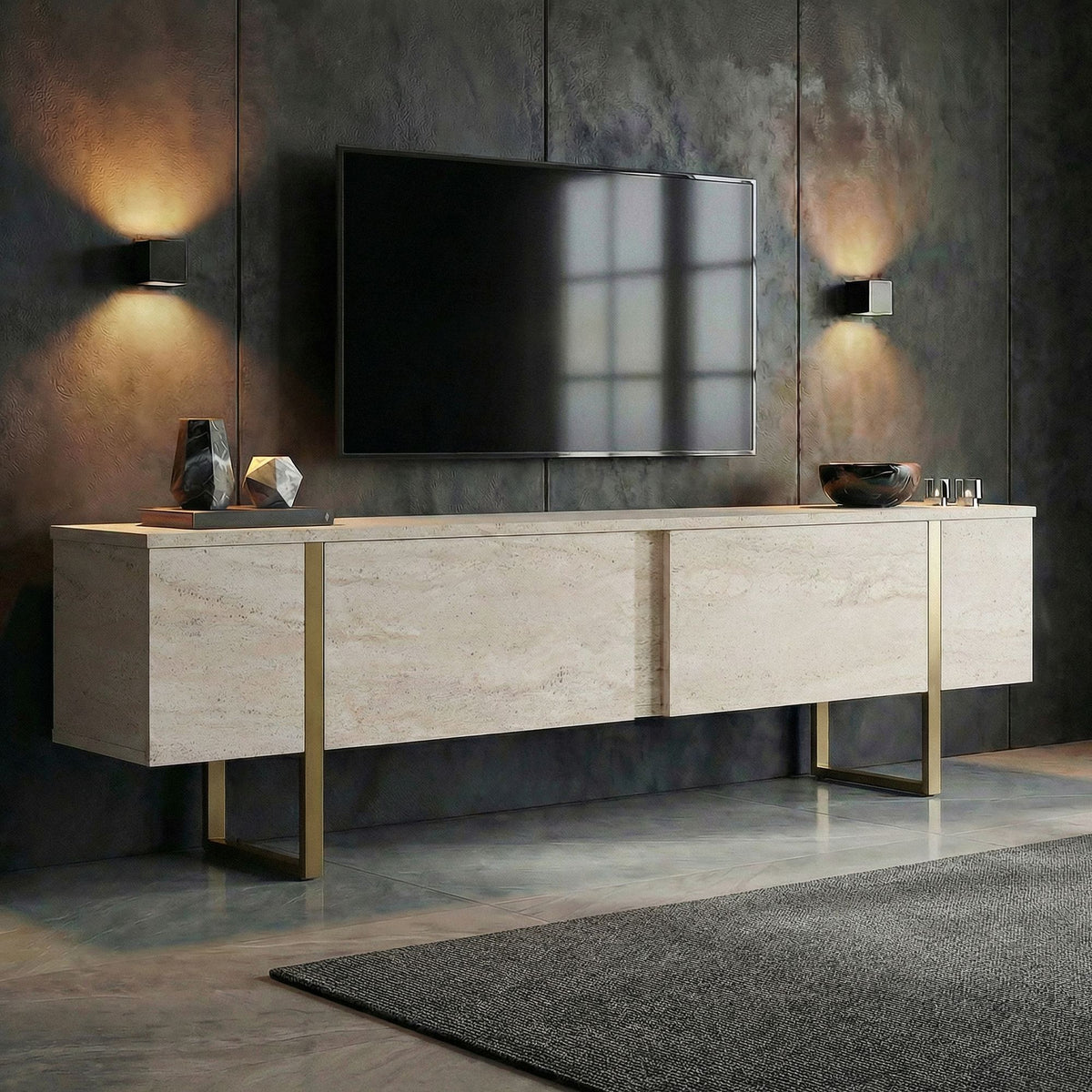 Onera - TV Stand - Travertine/Gold