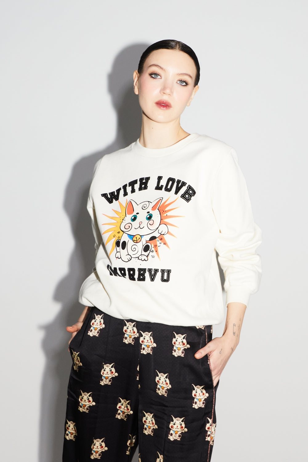 Le Sweatshirt Eddie Lucky Cat Blanc