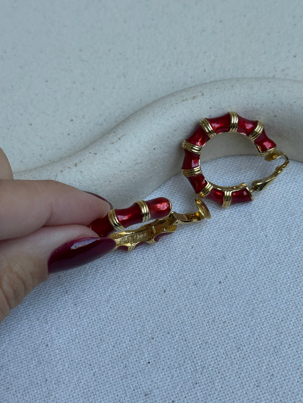 Pendientes Kenneth Jay Lane Vintage - Aros Efecto Bambú Rojo Y Dorado