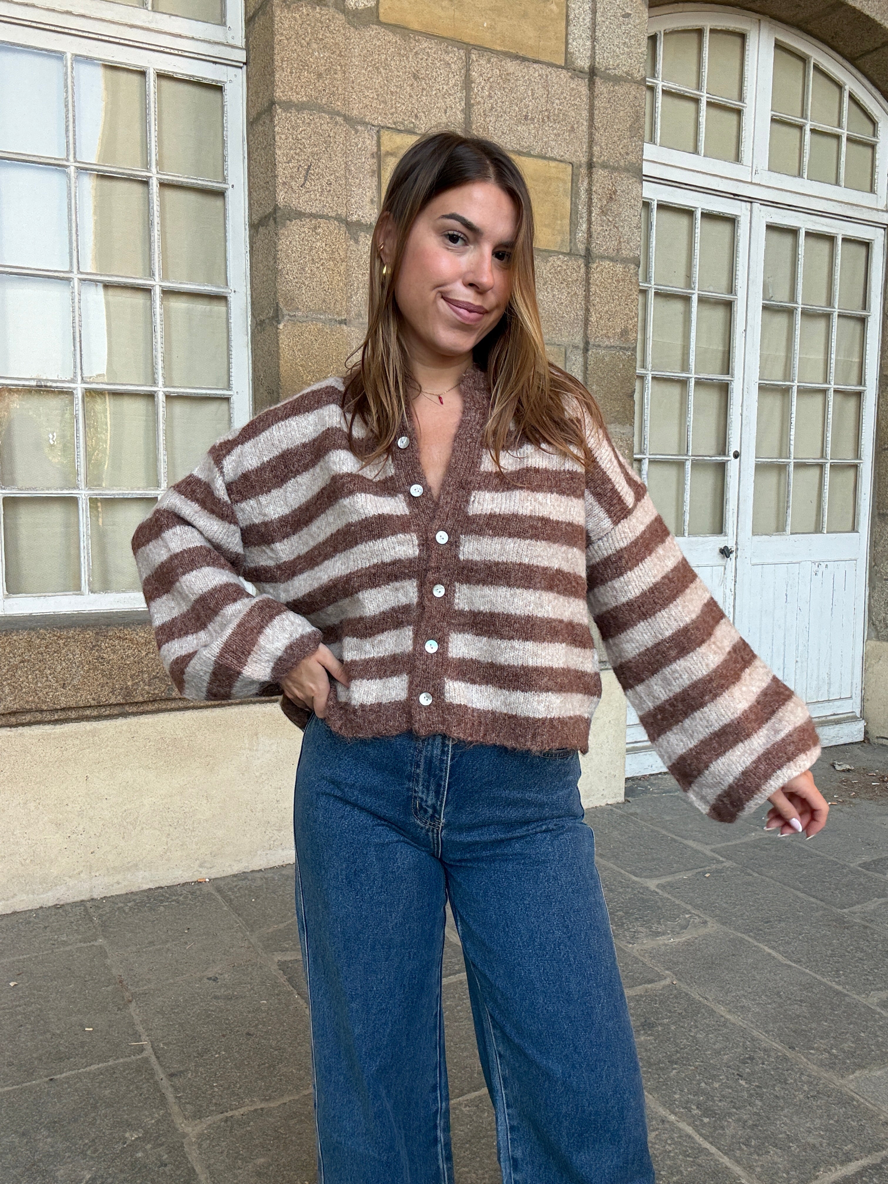 Véra Camel And Beige Striped Cardigan