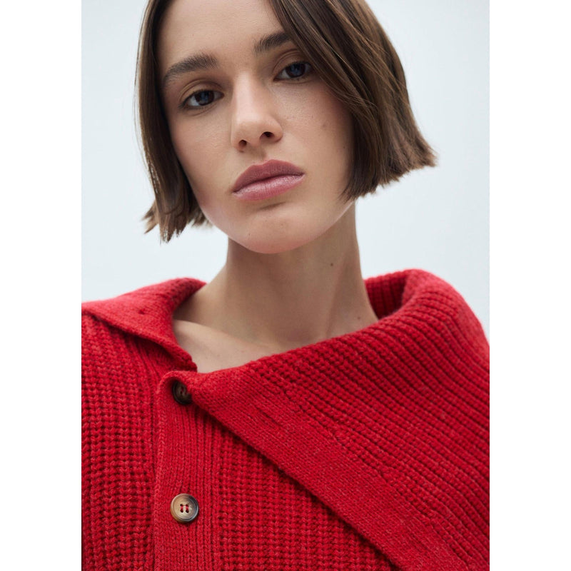 Buttoned Funnel Neck Jumper - Red