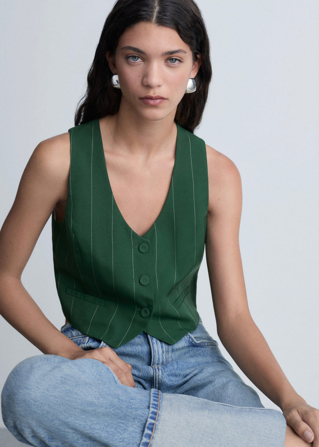Gilet De Costume À Fines Rayures - Green