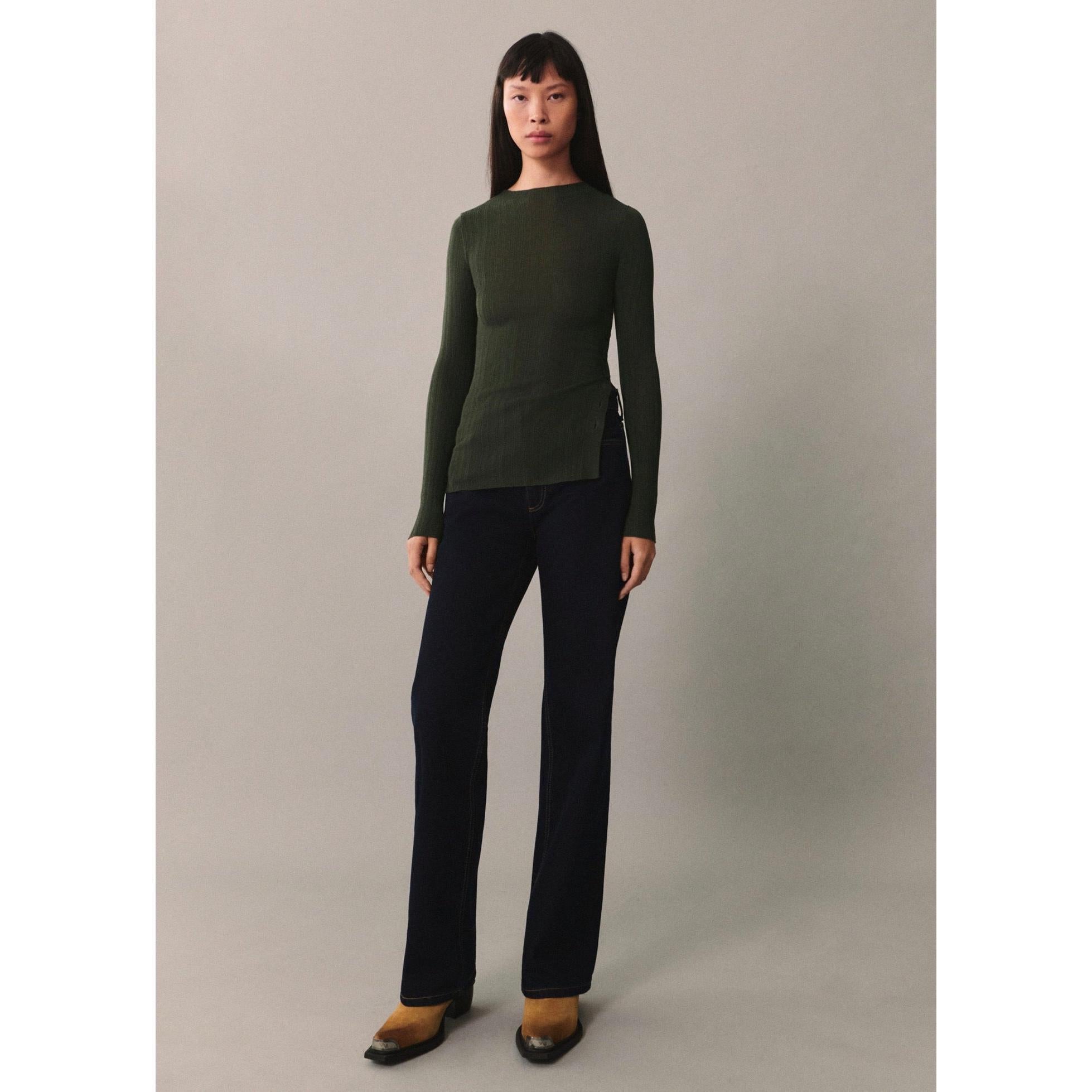 Buttoned Semi-Sheer T-Shirt - Dark Green