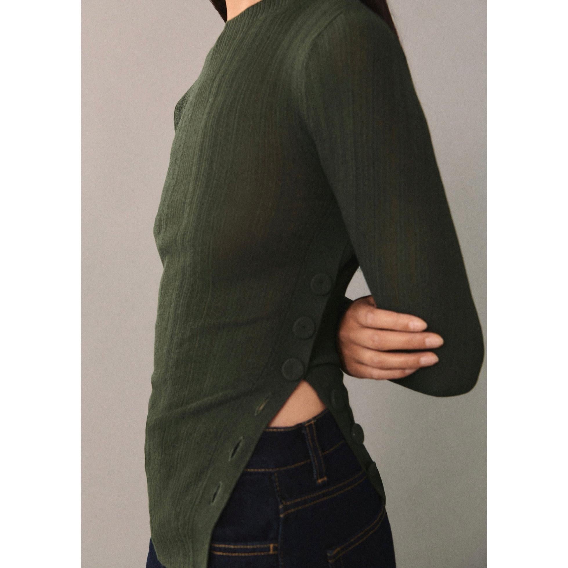 Buttoned Semi-Sheer T-Shirt - Dark Green