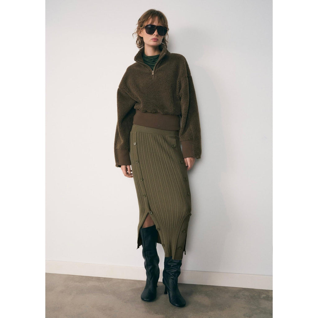 Sweat-Shirt Effet Moutonné Fermeture Éclair - Khaki