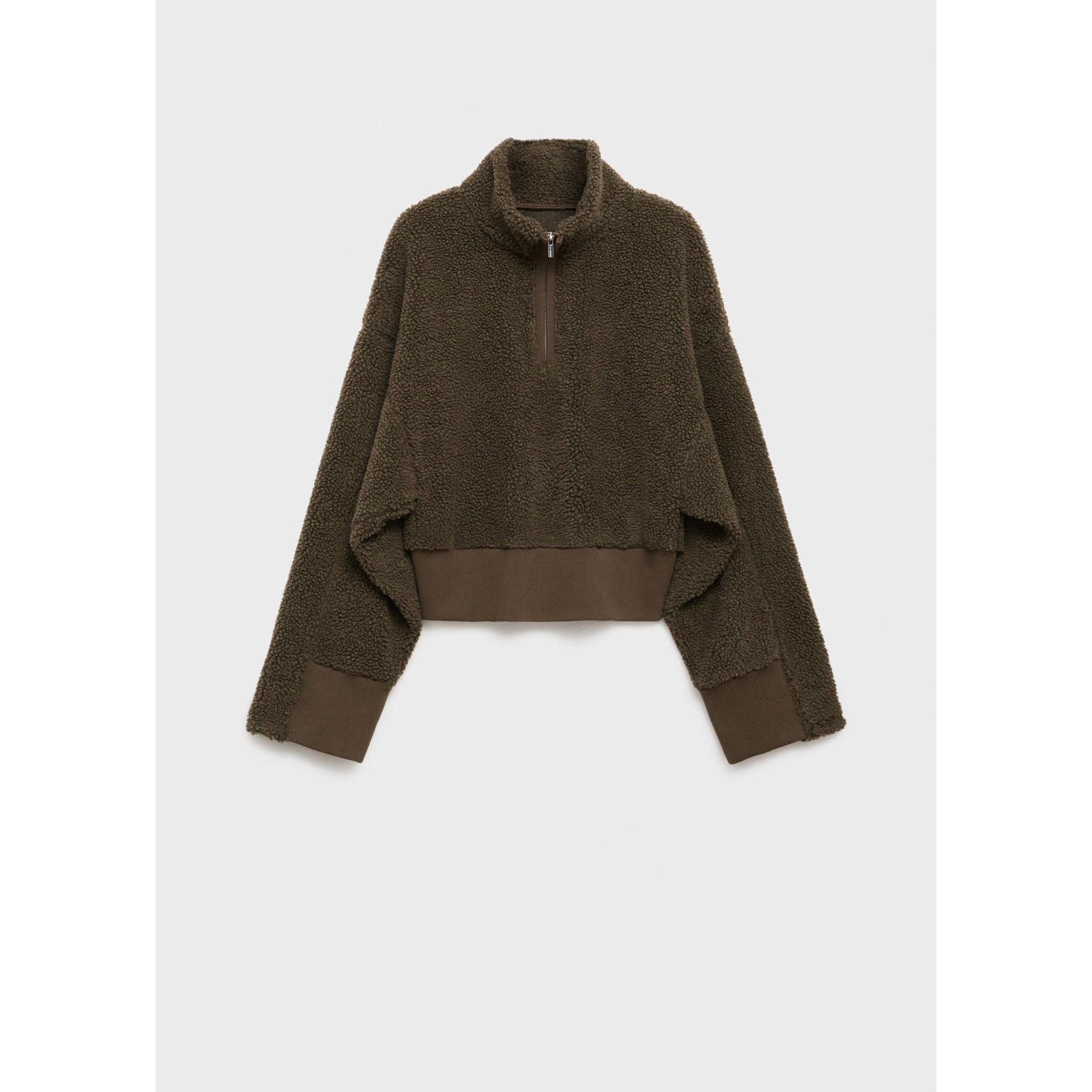 Sweat-Shirt Effet Moutonné Fermeture Éclair - Khaki
