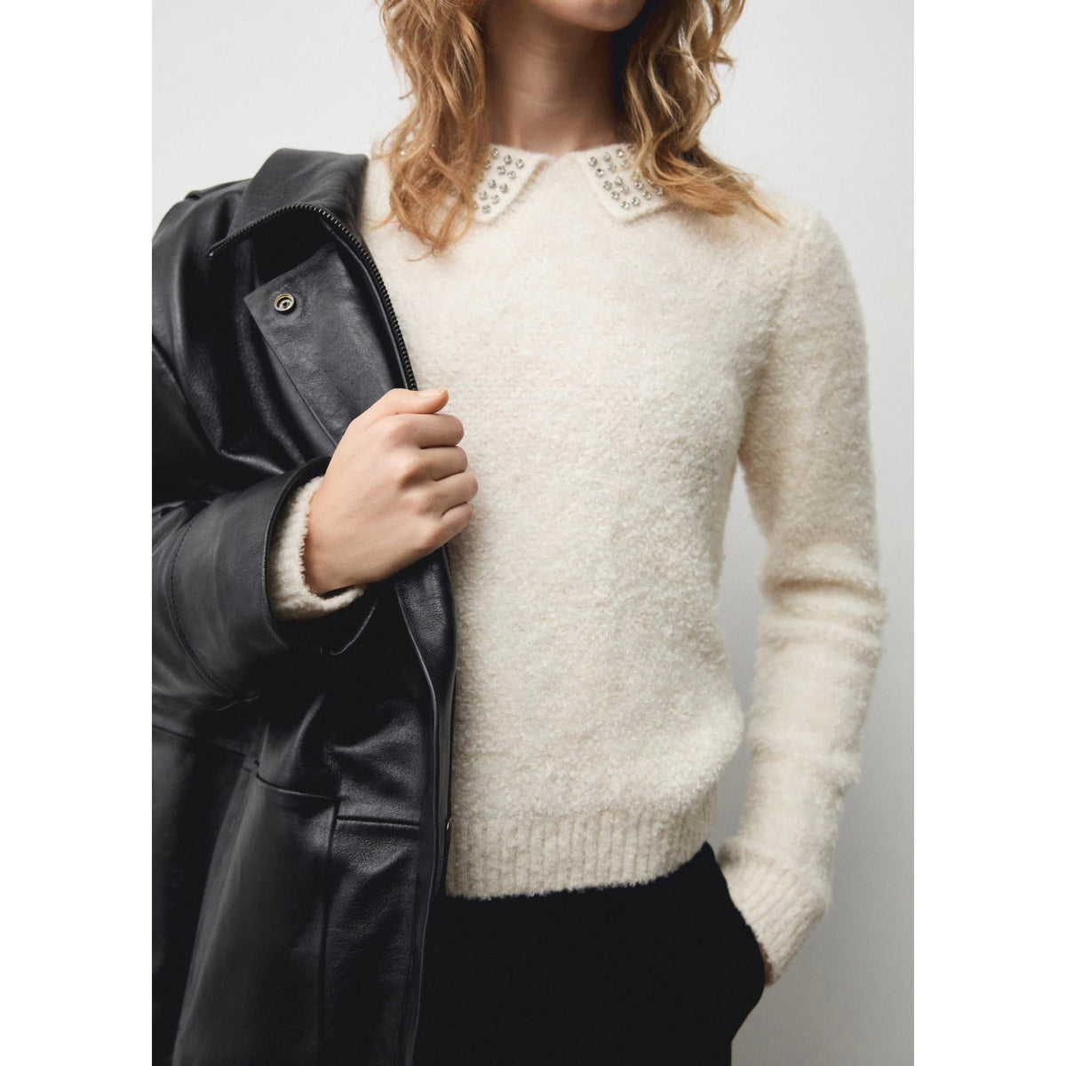 Polo Neck Jumper with Rhinestones - Ecru
