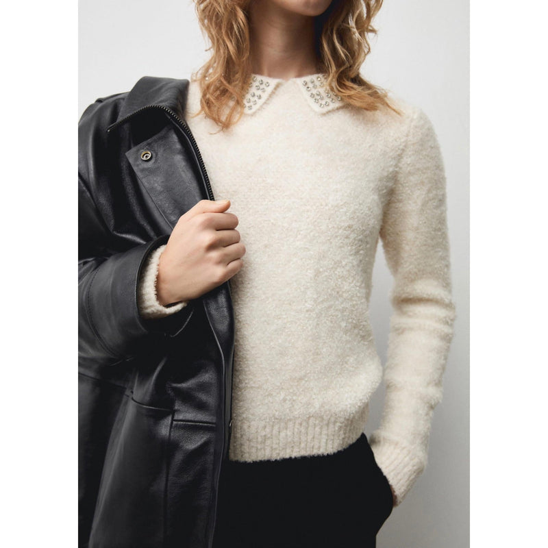 Jersey con cuello polo y strass - Crudo