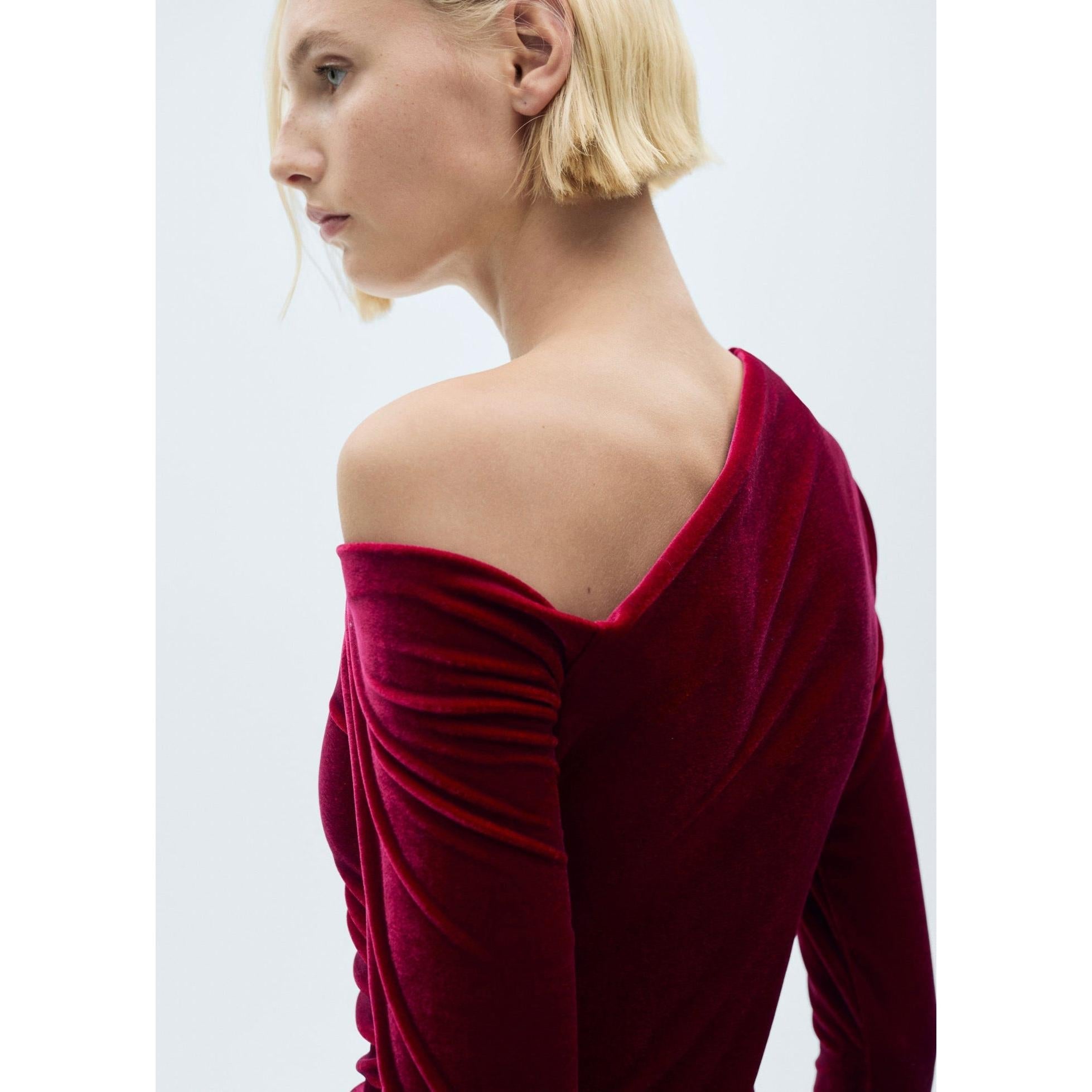 Asymmetric Velvet Dress - Red