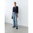 Wide-Leg Jeans with Decorative Stitching - Blue