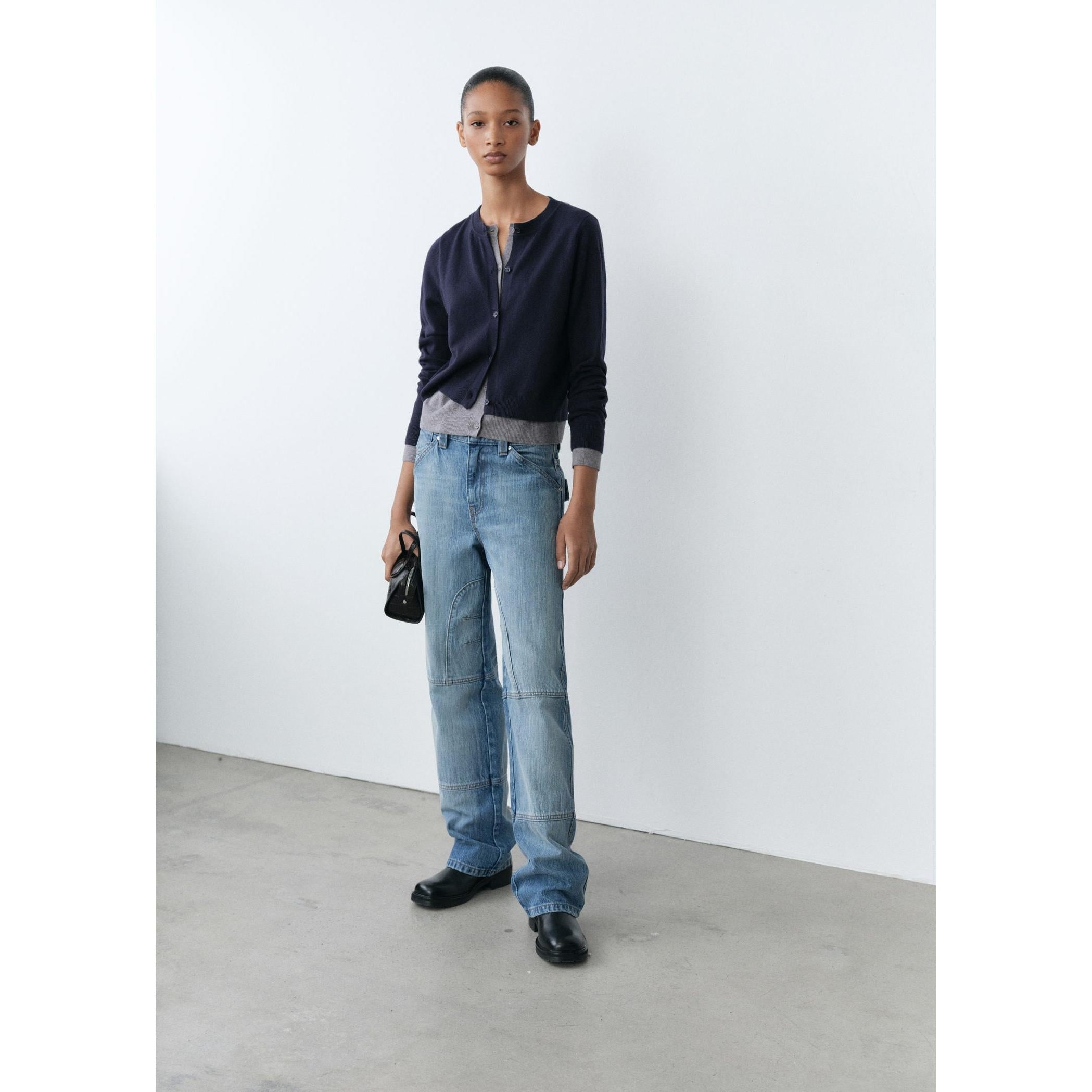 Wide-Leg Jeans with Decorative Stitching - Blue
