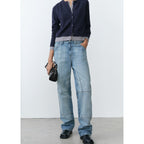 Wide-Leg Jeans with Decorative Stitching - Blue
