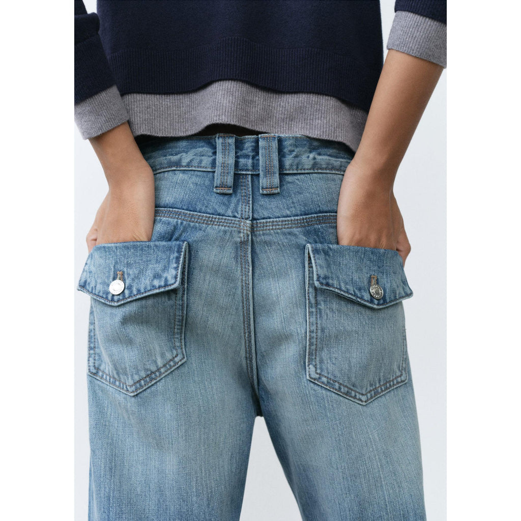 Wide-Leg Jeans with Decorative Stitching - Blue